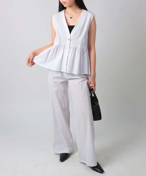 ホワイトペプラムベスト each alchemist ベスト ジレ ゴールド釦ツイードペプラムベスト