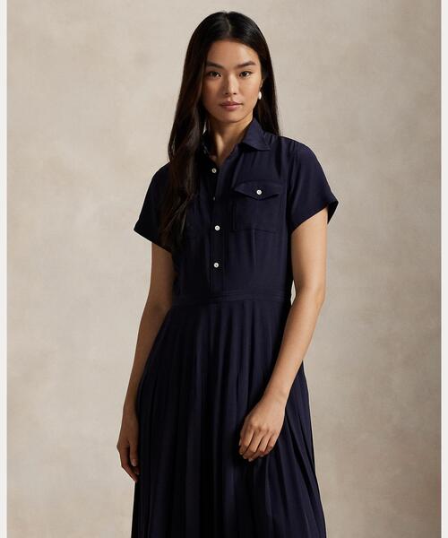 シルク クレープ プリーテッド シャツドレス（シャツワンピース