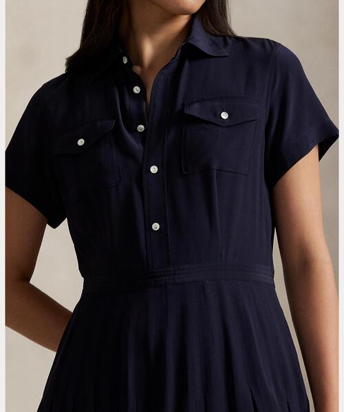 シルク クレープ プリーテッド シャツドレス（シャツワンピース