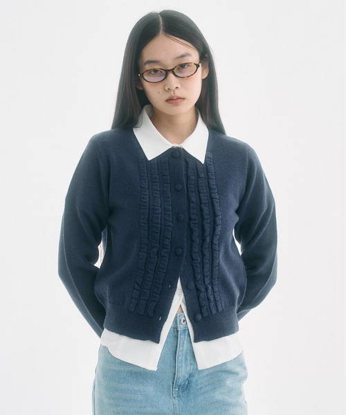 日本製【Rene】パール釦付きノーカラーカーディガン　黒　袖フリルカーデ　38 knit frill cardigan / ニットフリルカーディガン（カーディガン