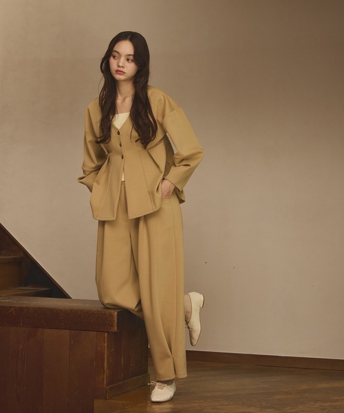 OLUN コクーンペプラムカーディガンズボンセット OLUN コクーンペプラムカーディガンズボンセット ノーカラーコクーン