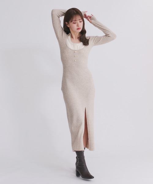 fupel(フぺル)の「shirt doking knit onepiece / シャツドッキングニットワンピース(ワンピース・レディース・ベージュ/グレー・FREE)」の5枚目の写真