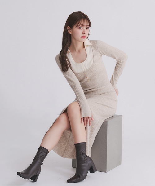 fupel(フぺル)の「shirt doking knit onepiece / シャツドッキングニットワンピース(ワンピース・レディース・ベージュ/グレー・FREE)」の10枚目の写真