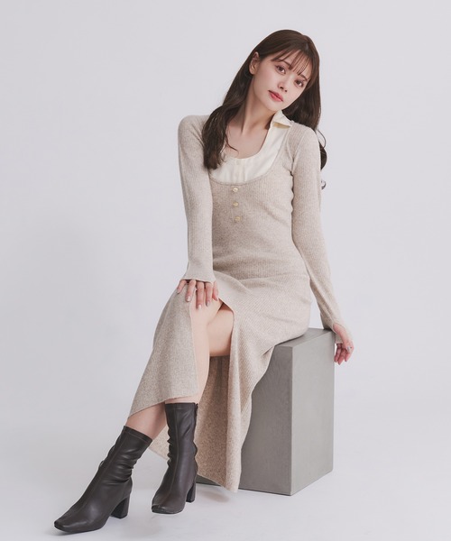 fupel（フぺル）の「shirt doking knit onepiece / シャツ