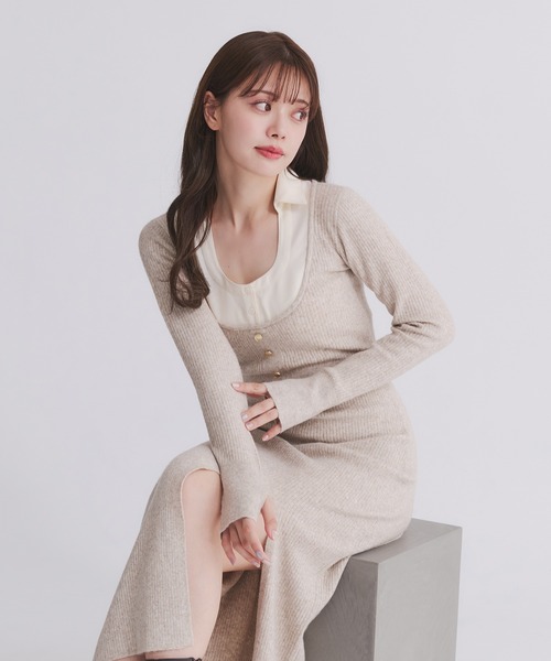 fupel(フぺル)の「shirt doking knit onepiece / シャツドッキングニットワンピース(ワンピース・レディース・ベージュ/グレー・FREE)」の13枚目の写真