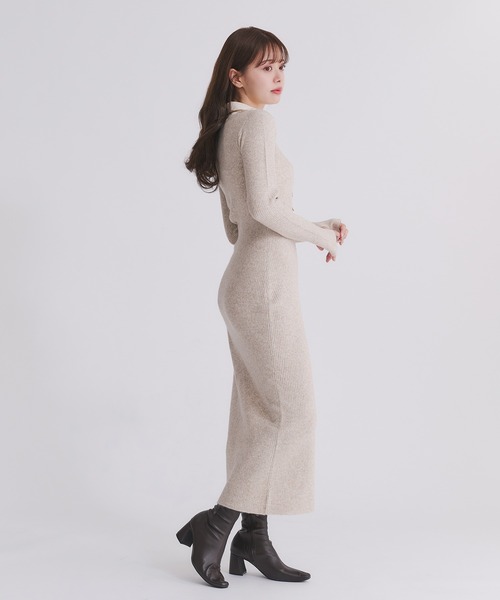 fupel(フぺル)の「shirt doking knit onepiece / シャツドッキングニットワンピース(ワンピース・レディース・ベージュ/グレー・FREE)」の6枚目の写真