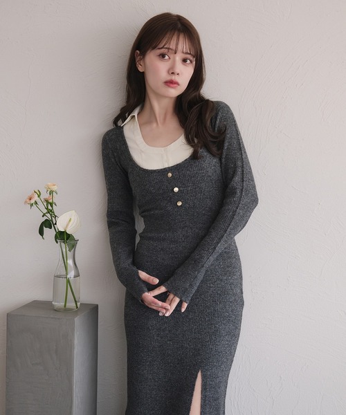 shirt doking knit onepiece / シャツドッキングニットワンピース