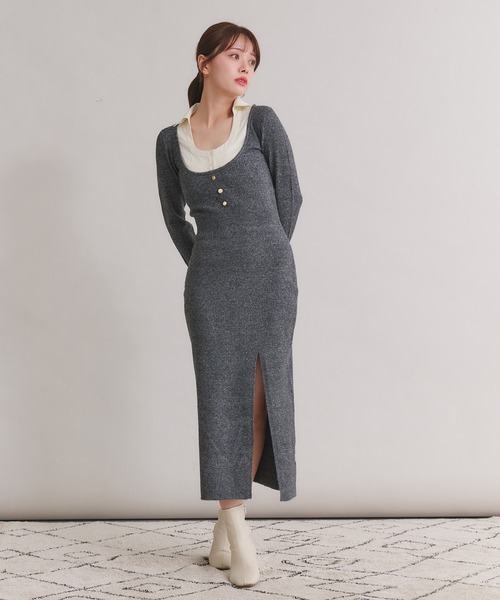 shirt doking knit onepiece / シャツドッキングニットワンピース