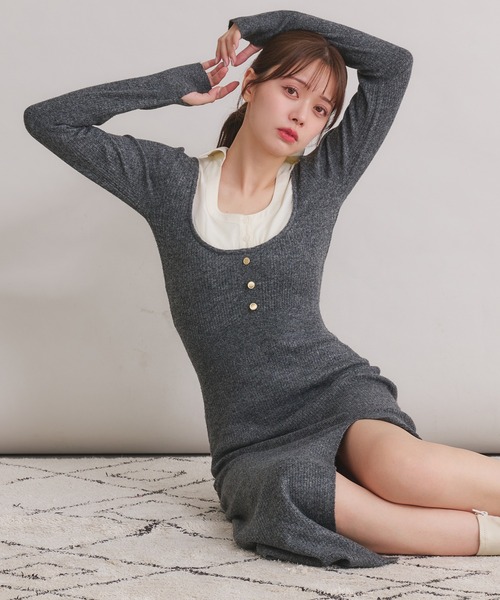 shirt doking knit onepiece / シャツドッキングニットワンピース