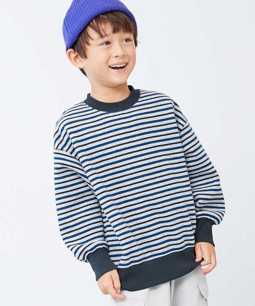 devirock(デビロック)の「カラフルスウェット ふっくら裏起毛 先染めボーダー トレーナー(スウェット・キッズ・ホワイト系その他/ブルー系その他/グリーン系その他/ブラック系その他/ピンク系その他/ブルー系その他2/ブラック系その他2・100cm/110cm/120cm/130cm/140cm/150cm/160cm)」の1枚目の写真