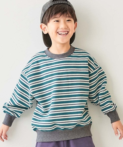 devirock(デビロック)の「カラフルスウェット ふっくら裏起毛 先染めボーダー トレーナー(スウェット・キッズ・ホワイト系その他/ブルー系その他/グリーン系その他/ブラック系その他/ピンク系その他/ブルー系その他2/ブラック系その他2・100cm/110cm/120cm/130cm/140cm/150cm/160cm)」の4枚目の写真