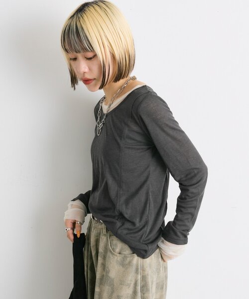 w closet（ダブルクローゼット）の「シアーレイヤードカットソー（Tシャツ/カットソー・レディース・チャコールグレー/アイボリー/ブルー系その他・FREE）」の20枚目の写真