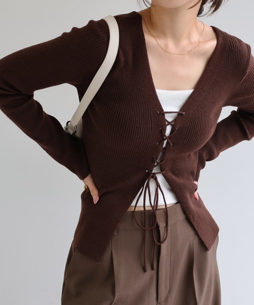 レースアップリボン2wayリブニットトップス（ニット/セーター