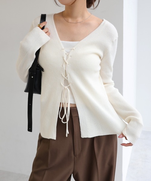レースアップリボン2wayリブニットトップス（ニット/セーター