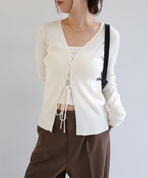 セール】レースアップリボン2wayリブニットトップス(ニット/セーター セール】レースアップリボン2wayリブニットトップス(ニット/セーター