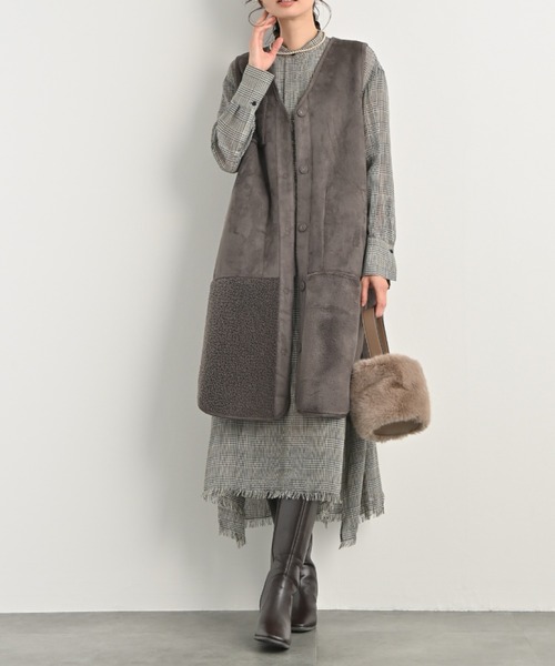 セール】パッチワークデザインリバーシブルVネックフェイクムートン