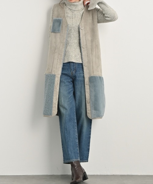 セール】パッチワークデザインリバーシブルVネックフェイクムートン