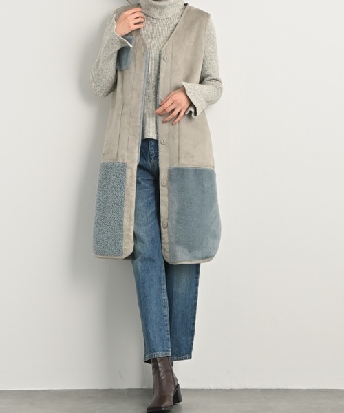 セール】パッチワークデザインリバーシブルVネックフェイクムートン