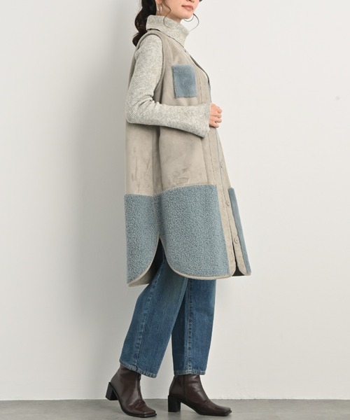 セール】パッチワークデザインリバーシブルVネックフェイクムートン