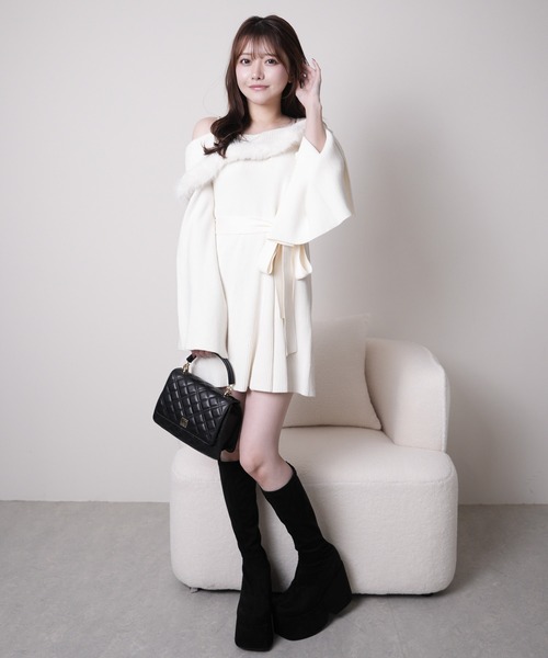 セール】ジュエルチェーンファーオフショルニットワンピース