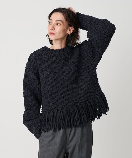 【美品】Y's ワイズ　※正規品/日本製　黒 フリンジ付き　ニット　厚手 セール】【別注】＜IRONING＞フリンジ ニットプルオーバー（ニット