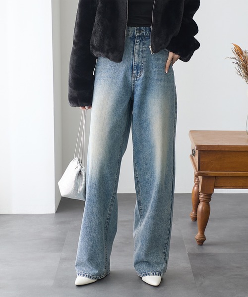 ReDial(リダイアル)の「ルーズストレートデニム(デニムパンツ・レディース・ケミカルウォッシュ/ブラック/ブルー・M/L/LL/3L)」の1枚目の写真