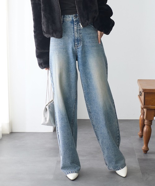 ReDial(リダイアル)の「ルーズストレートデニム(デニムパンツ・レディース・ケミカルウォッシュ/ブラック/ブルー・M/L/LL/3L)」の5枚目の写真