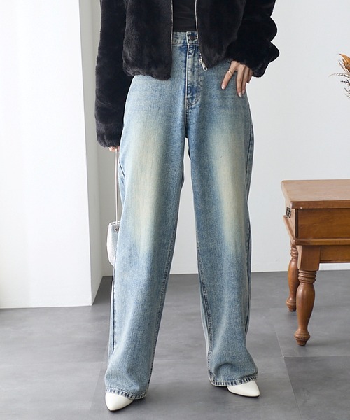 ReDial(リダイアル)の「ルーズストレートデニム(デニムパンツ・レディース・ケミカルウォッシュ/ブラック/ブルー・M/L/LL/3L)」の6枚目の写真