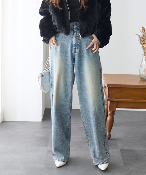 ReDial(リダイアル)の「ルーズストレートデニム(デニムパンツ・レディース・ケミカルウォッシュ/ブラック/ブルー・M/L/LL/3L)」の7枚目の写真