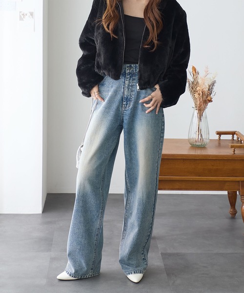 ReDial(リダイアル)の「ルーズストレートデニム(デニムパンツ・レディース・ケミカルウォッシュ/ブラック/ブルー・M/L/LL/3L)」の9枚目の写真
