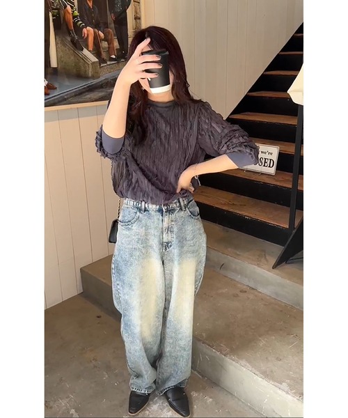 ReDial(リダイアル)の「ルーズストレートデニム(デニムパンツ・レディース・ケミカルウォッシュ/ブラック/ブルー・M/L/LL/3L)」の15枚目の写真