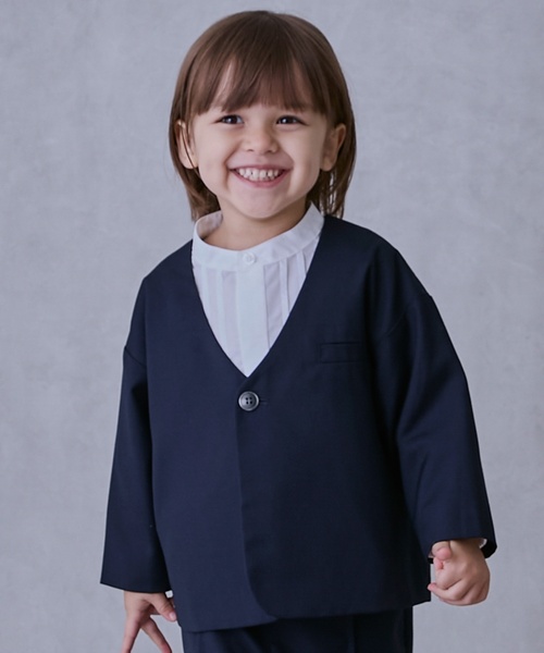 【美品】petit main ネイビー フォーマルスーツ セット 110cm セール】【セミフォーマル】ノーカラーJK+ロングパンツセットアップ