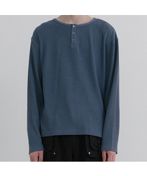Layered Loose Waffle Henley Neck Long Sleeve Tee - FADE NAVY