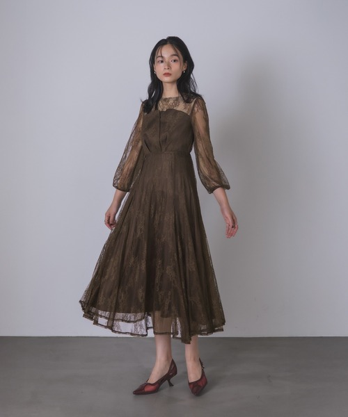 セール】シアー×レース ビスチェ風フレアドレス（ドレス）｜Rose of