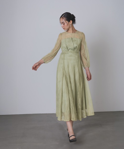 セール】シアー×レース ビスチェ風フレアドレス（ドレス）｜Rose of