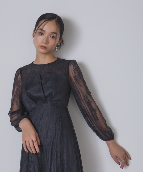 セール】シアー×レース ビスチェ風フレアドレス（ドレス）｜Rose of