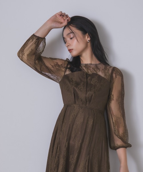 Rose of Sharon(ローズオブシャロン)の「シアー×レース ビスチェ風フレアドレス(ドレス・レディース・チャコール/カーキブラウン/グリーン・M)」の5枚目の写真