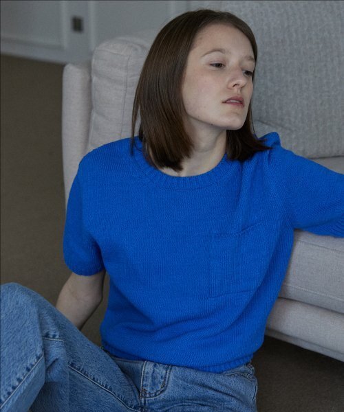 STEP AROUND(ステップアラウンド)の「コットン半袖ポケットニット_BLUE(ニット/セーター・レディース・その他・SMALL)」の1枚目の写真