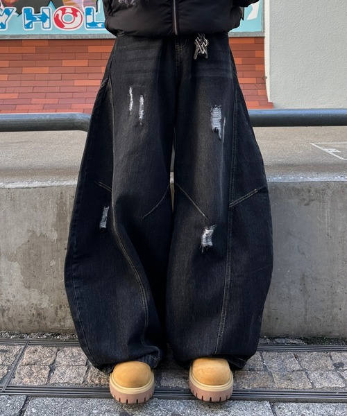 ADAMASTE SELECT】Curve Damage Denim Pants - カーブダメージデニム