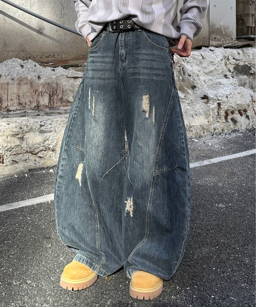 ADAMASTE SELECT】Curve Damage Denim Pants - カーブダメージデニム