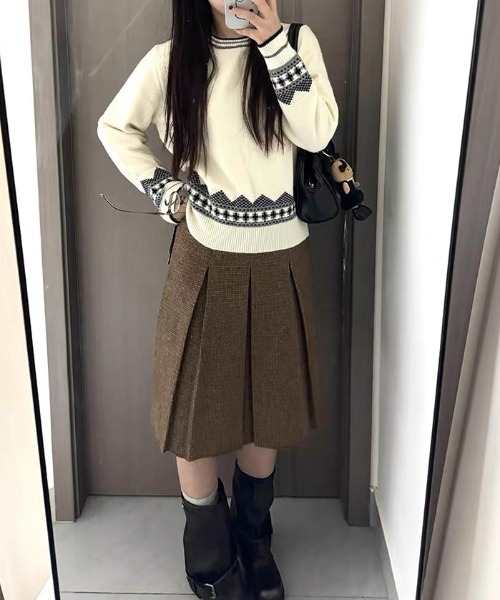 gossip！ロサンゼルス（ゴシップロサンゼルス）の「前後2WAY ウールライク チェック シンプルオフィスカジュアルミディAラインプリーツスカート ［韓国ファッション ガーリー定番］（スカート・レディース・チェック・S/M/L）」の3枚目の写真