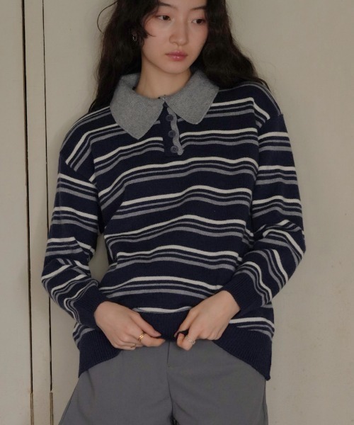 Uenui（ウニュイ）の「retro stripe collar knit（ニット/セーター・レディース・グレー/ネイビー/レッド・FREE）」の2枚目の写真