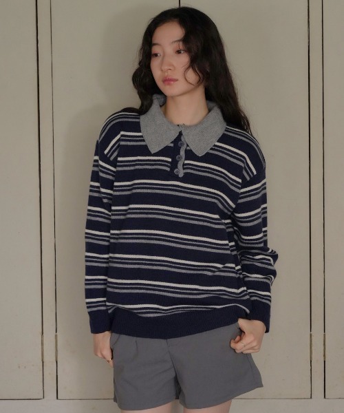 Uenui（ウニュイ）の「retro stripe collar knit（ニット/セーター・レディース・グレー/ネイビー/レッド・FREE）」の12枚目の写真