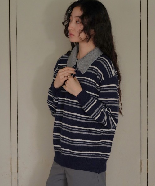 Uenui（ウニュイ）の「retro stripe collar knit（ニット/セーター・レディース・グレー/ネイビー/レッド・FREE）」の11枚目の写真
