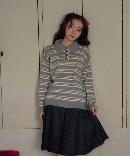 Uenui（ウニュイ）の「retro stripe collar knit（ニット/セーター・レディース・グレー/ネイビー/レッド・FREE）」の8枚目の写真
