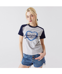 ハートデニムパッチ半袖Tシャツメランジグレー