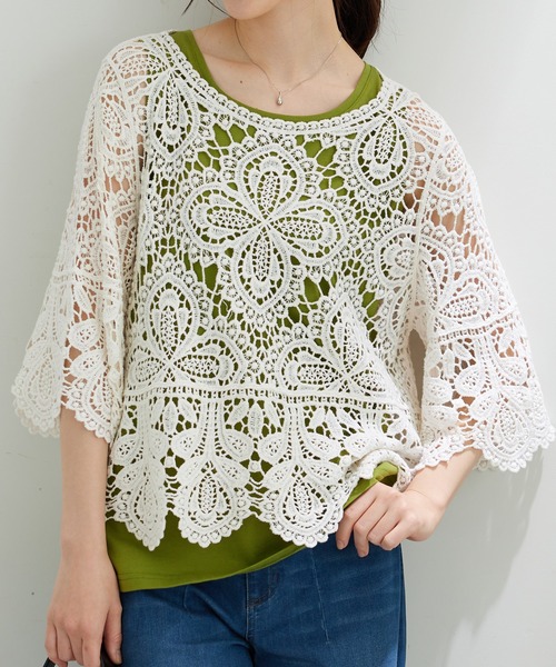 BELLUNA PLUS(ベルーナ)の「クロシェ編みプルオーバー(ニット/セーター・レディース・アイボリー/ブラック・XL/2XL/M/L)」の2枚目の写真