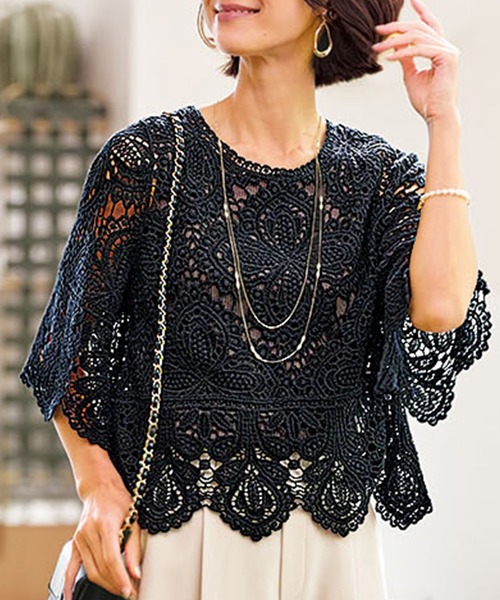 BELLUNA PLUS(ベルーナ)の「クロシェ編みプルオーバー(ニット/セーター・レディース・アイボリー/ブラック・XL/2XL/M/L)」の1枚目の写真