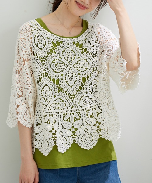 BELLUNA PLUS(ベルーナ)の「クロシェ編みプルオーバー(ニット/セーター・レディース・アイボリー/ブラック・XL/2XL/M/L)」の5枚目の写真