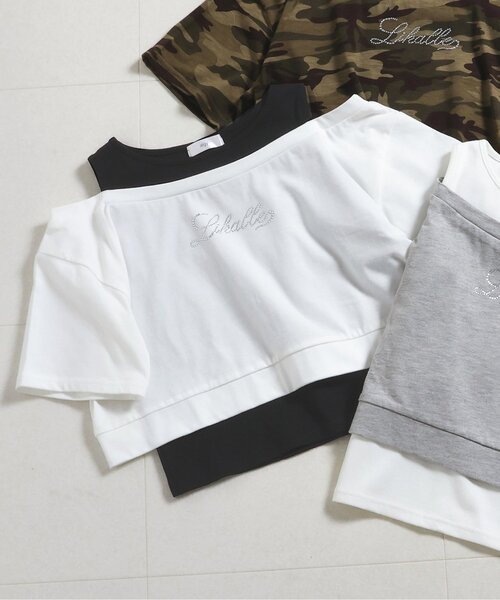 algy（アルジー）の「ラインストーンロゴレイヤード風Tシャツ（アンサンブル・キッズ・グレー/オフホワイト/カーキ・130/140/150/160）」の2枚目の写真